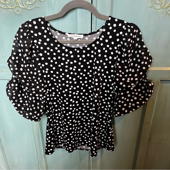 Perseption Concept Women's Navy White Polka Dot Blouse Puff Chiffon Sleeves - Sm - Picture 8 of 9